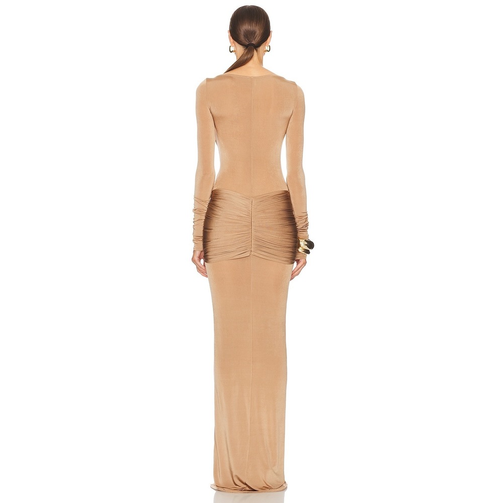 Helsa Josephine Dress in Truffle brown long sleeve bodycon ruched maxi jersey - Picture 4 of 9